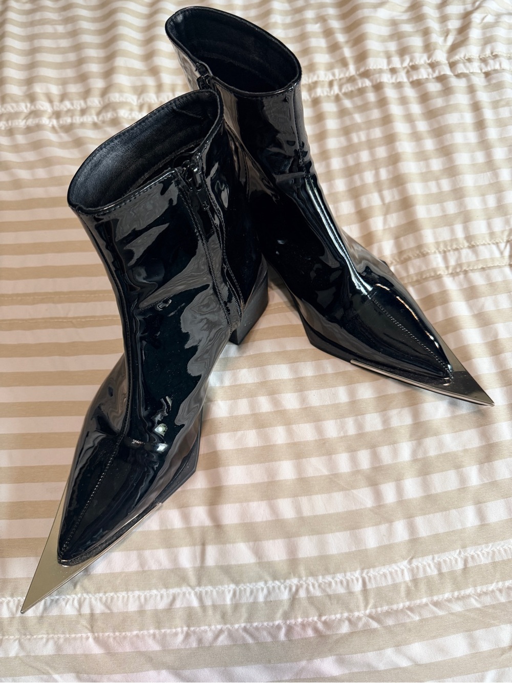 Black Patent Pointed Toe Ankle Boots - Women